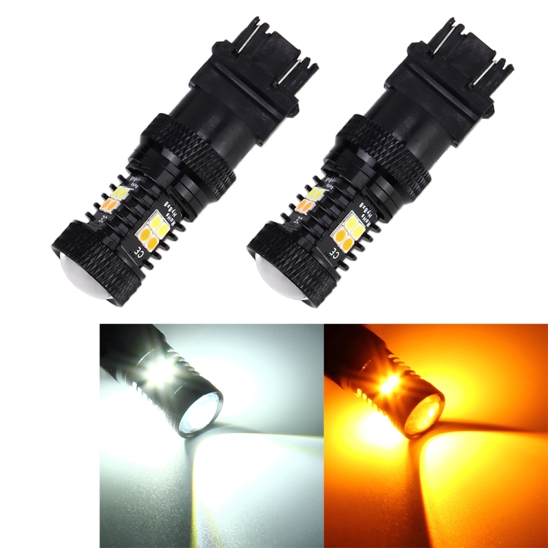 2 stks auto auto T25/3157 DC 12V 5W 350LM 16 SMD-3030 LED-lampen turn lamp back-up licht wit + geel