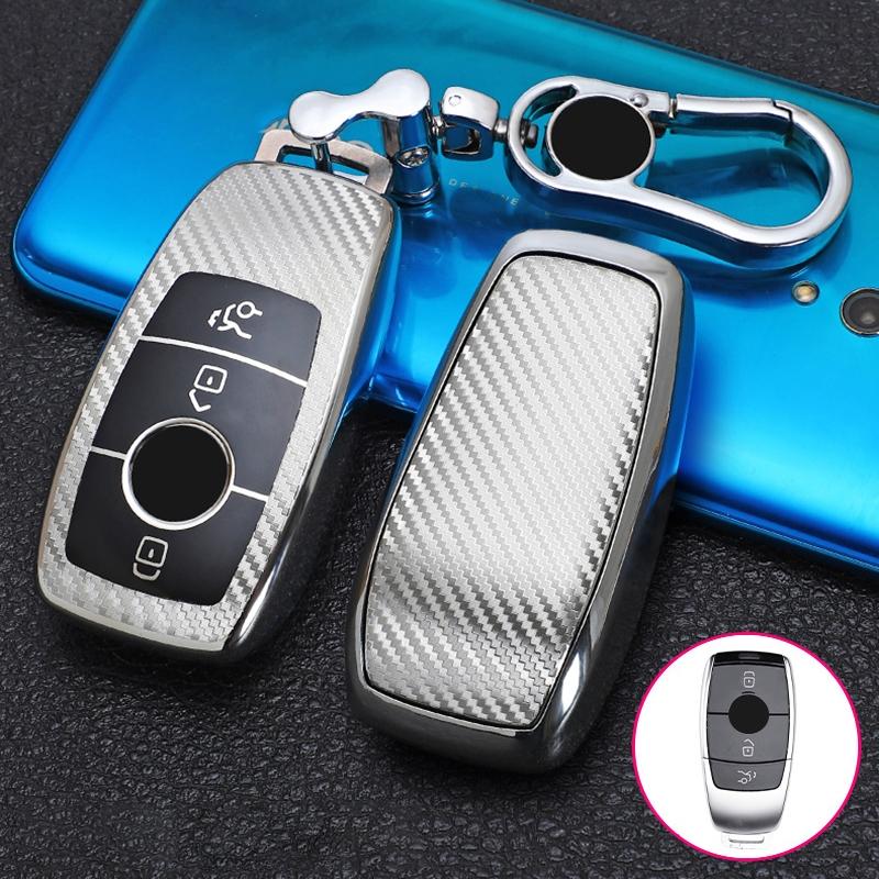 Voor Mercedes-Benz E-Klasse Smart 3-knops auto TPU Key Protective Cover Key Case met sleutelhanger (zilver)