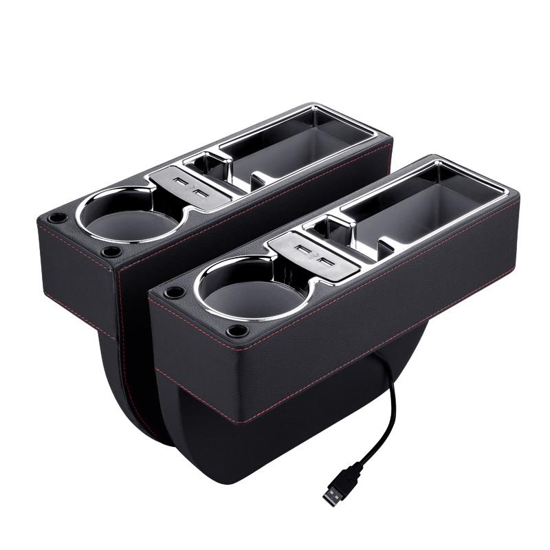 Auto Multifunctionele Dual USB Console PU Lederen Box Cup Holder Seat Gap Side Opbergdoos (Zwart)