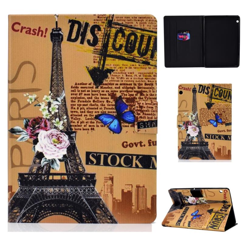 Gekleurde tekening universele spanning ambachtelijke doek TPU beschermhoes met houder & kaartsleuven & anti-slip strip (Eiffel toren)