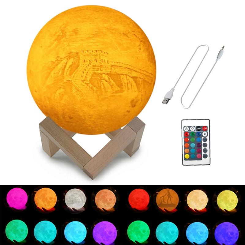 Aangepaste 16-kleuren 3D print maan lamp USB opladen energiebesparende LED nachtlampje met afstandsbediening & houten houder Base diameter: 13cm