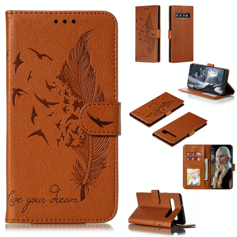 Feather patroon Litchi textuur horizontale Flip lederen draagtas met portemonnee & houder & kaartsleuven voor Galaxy S10 5G (bruin)