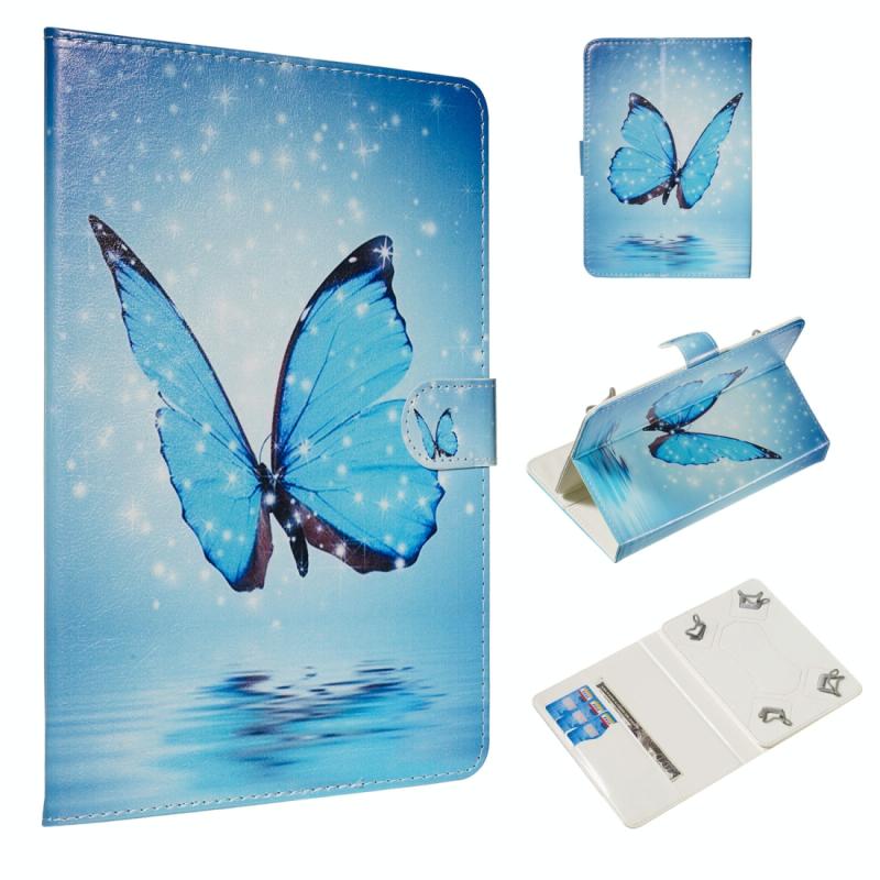 Voor 7 inch universele Tablet PC gekleurde tekening patroon horizontale Flip PU lederen draagtas met houder & kaartsleuven (blauwe vlinder)