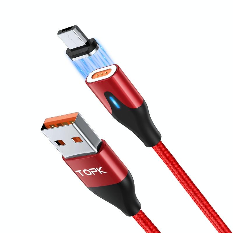 TOPK AM63 1m USB naar Micro USB Flat Magnetic Metal Connector Nylon Gevlochten magnetische snellaaddatakabel (Rood)