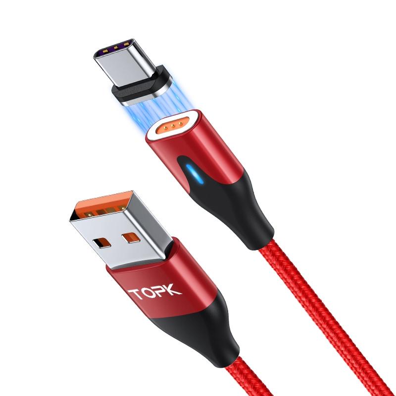 TOPK AM63 1m USB naar USB-C / Type-C Flat Magnetic Metal Connector Nylon Gevlochten magnetische snellaaddatakabel (rood)