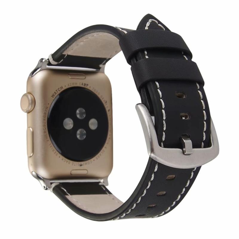 Kalfskin Genuine Leather Watchband Voor Apple Watch Series 6 & SE & 5 & 4 40mm / 3 & 2 & 1 38mm(Zwart)