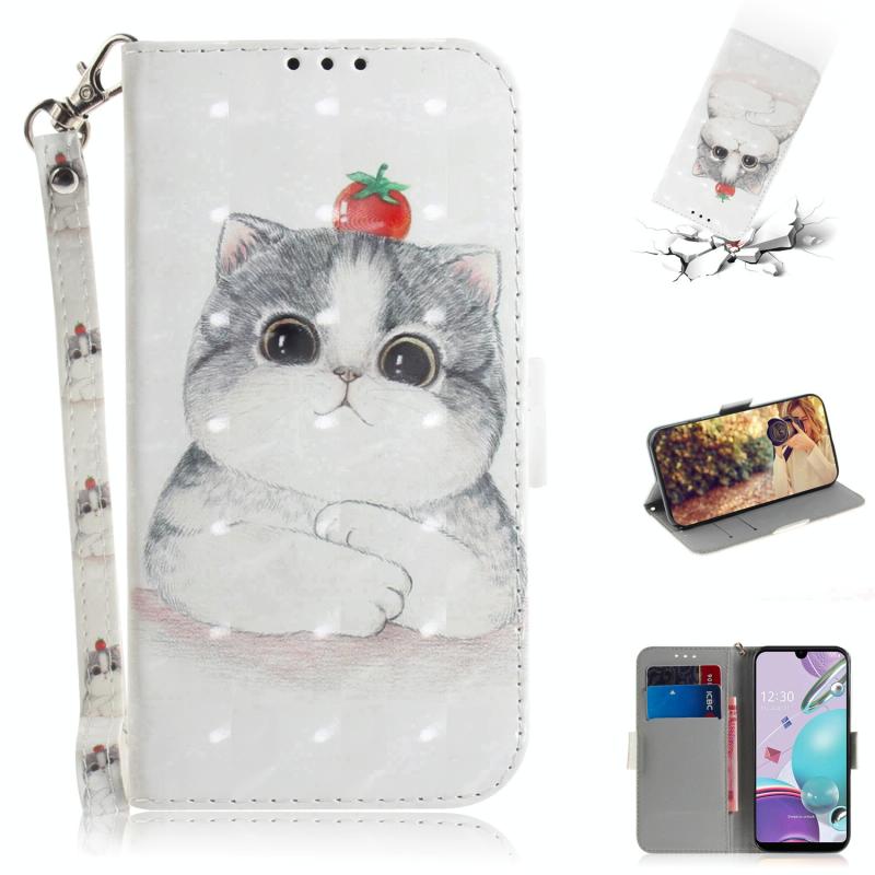 Voor LG K31 3D Gekleurde tekening Horizontale Flip Lederen case met Holder & Card Slots & Wallet & Lanyard(Cute Cat)