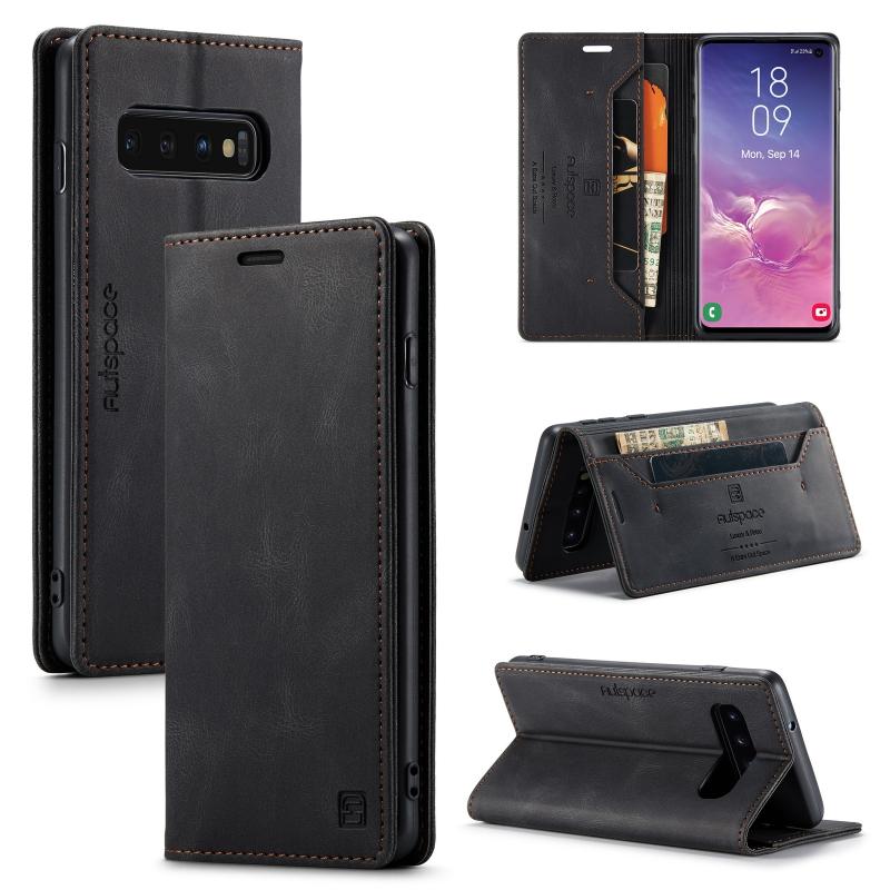 Voor Samsung Galaxy S10 AutSpace A01 Retro Skin-feel Crazy Horse Texture Horizontale Flip Lederen case met Holder & Card Slots & Wallet & RFID(Zwart)