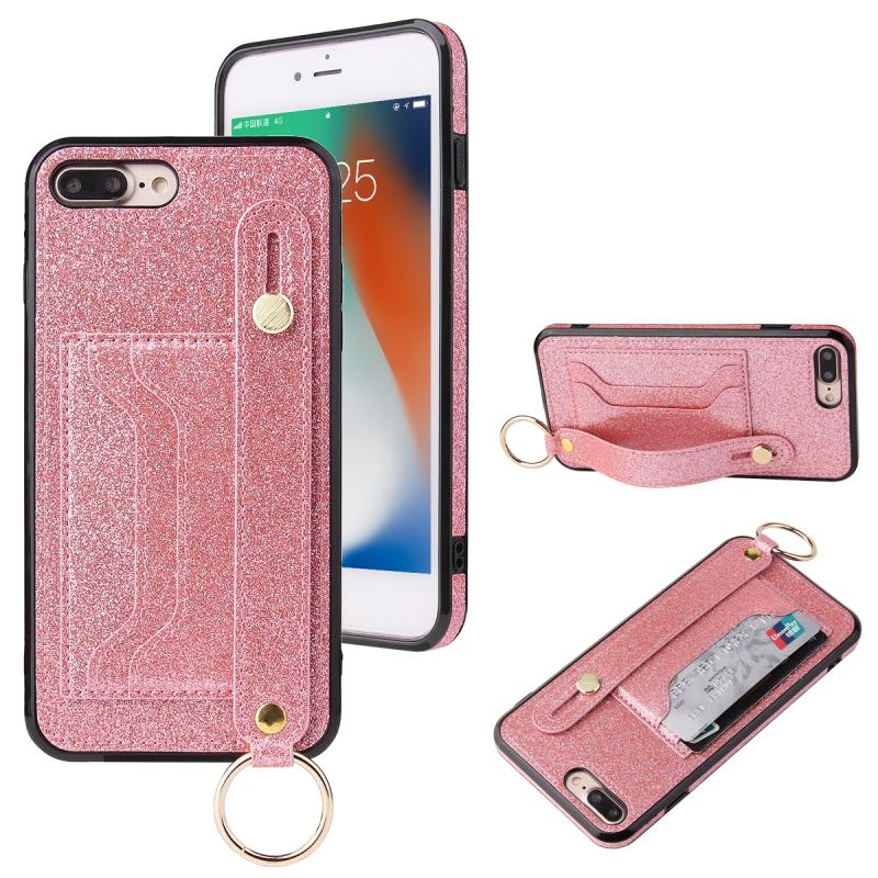 Glitter Powder PU+TPU Schokbestendige beschermhoes met houder & kaartslots & polsbandje voor iPhone 8 Plus / 7 Plus(Roze)