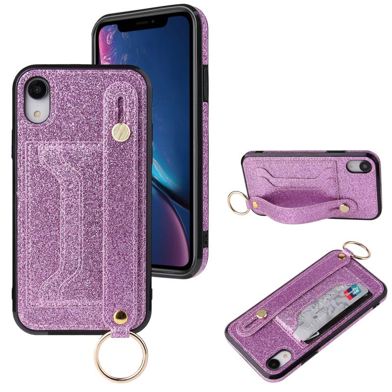 Glitter Powder PU+TPU Schokbestendige beschermhoes met houder & kaartslots & polsbandje voor iPhone X / XS(Paars)