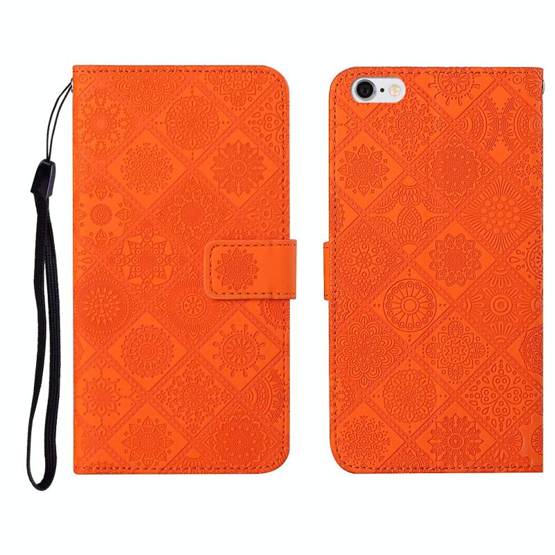 Etnische stijl reliëf patroon horizontale flip lederen geval met houder & kaart slots & portemonnee & Lanyard voor iPhone 6 (oranje)