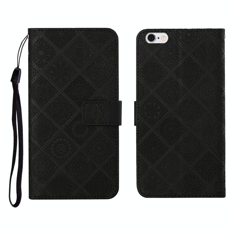 Etnische stijl reliëf patroon horizontale flip lederen geval met houder & kaart slots & portemonnee & Lanyard voor iPhone 6 Plus (zwart)