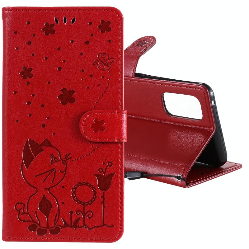 Voor OPPO Reno4 4G (Indian Version) Cat Bee Embossing Pattern Shockproof Horizontale Flip Leather Case met Holder & Card Slots & Wallet(Red)