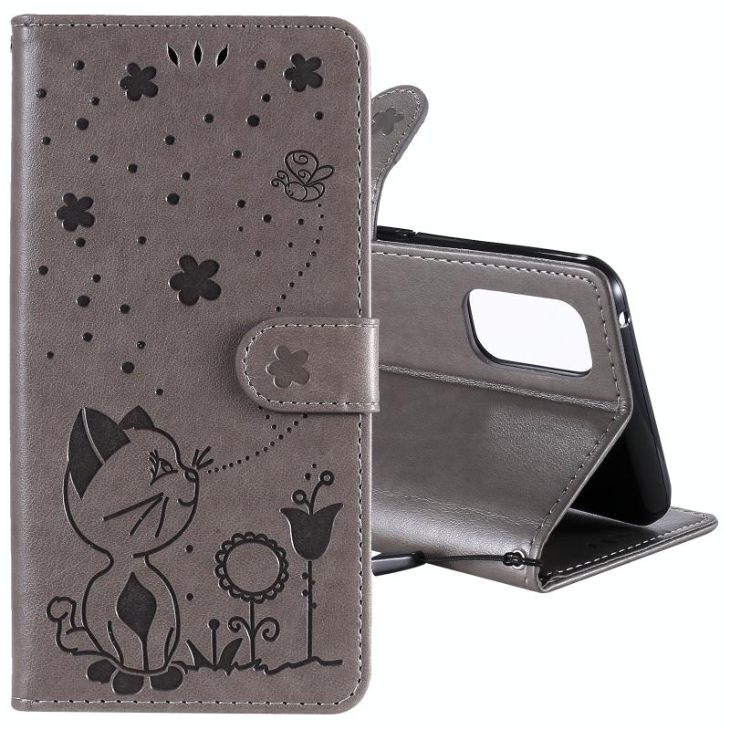 Voor OPPO Reno4 4G (Indian Version) Cat Bee Embossing Pattern Shockproof Horizontale Flip Leather Case met Holder & Card Slots & Wallet(Grey)