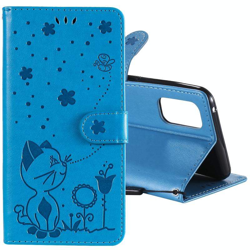 Voor OPPO Reno4 4G (Indian Version) Cat Bee Embossing Pattern Shockproof Horizontale Flip Leather Case met Holder & Card Slots & Wallet(Blue)