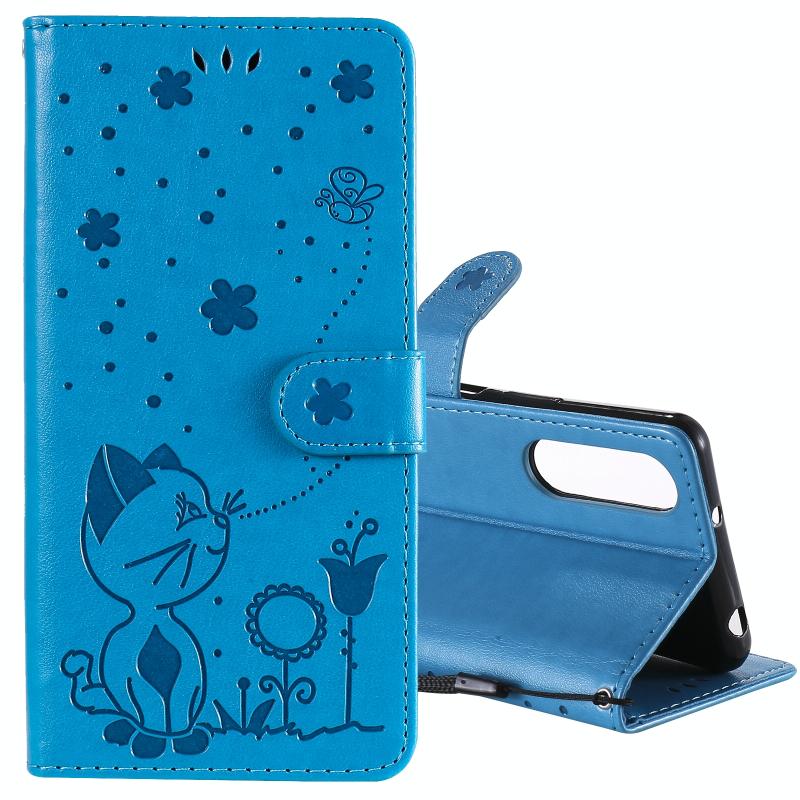 Voor Sony Xperia 5 II Cat Bee Embossing Pattern Shockproof Horizontale Flip Lederen Case met Holder & Card Slots & Wallet(Blauw)