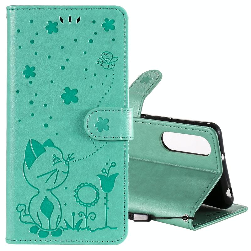 Voor Sony Xperia 5 II Cat Bee Embossing Pattern Shockproof Horizontale Flip Lederen Case met Holder & Card Slots & Wallet(Groen)