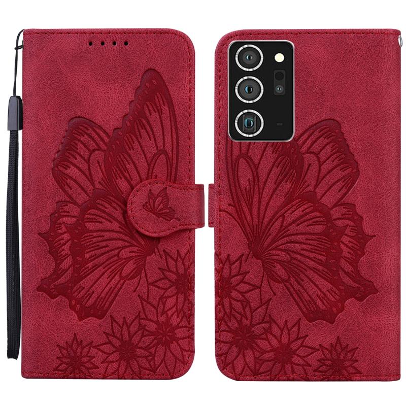 Voor Samsung Galaxy Note20 Ultra Retro Skin Voel vlinders in reliëf horizontale flip lederen hoes met Holder & Card Slots & Wallet(Rood)