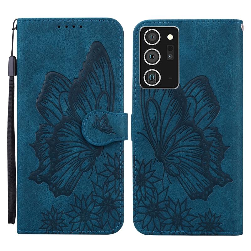 Voor Samsung Galaxy Note20 Ultra Retro Skin Voel vlinders in reliëf horizontale flip lederen hoes met Holder & Card Slots & Wallet(Blauw)