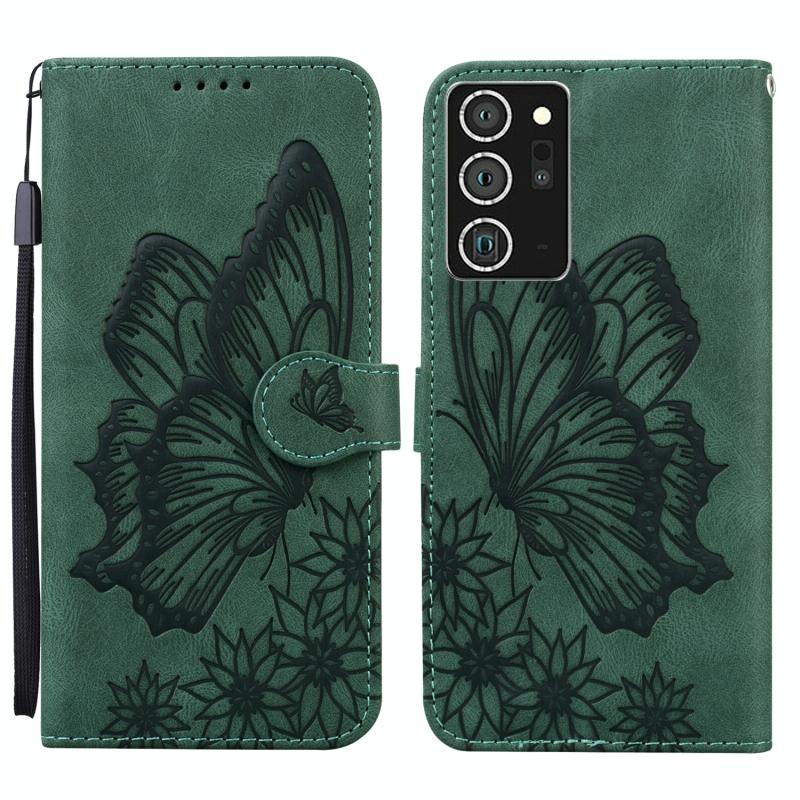 Voor Samsung Galaxy Note20 Ultra Retro Skin Voel vlinders in reliëf horizontale flip lederen hoes met Holder & Card Slots & Wallet(Groen)