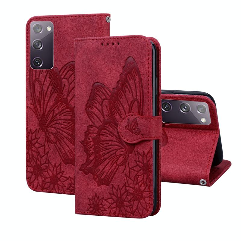 Voor Samsung Galaxy S20 FE Retro Skin Voel vlinders in reliëf horizontale flip lederen hoes met Holder & Card Slots & Wallet(Rood)