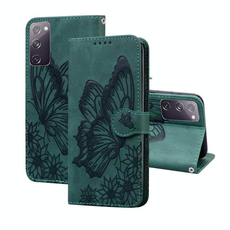 Voor Samsung Galaxy S20 FE Retro Skin Voel vlinders in reliëf horizontale flip lederen hoes met Holder & Card Slots & Wallet(Groen)