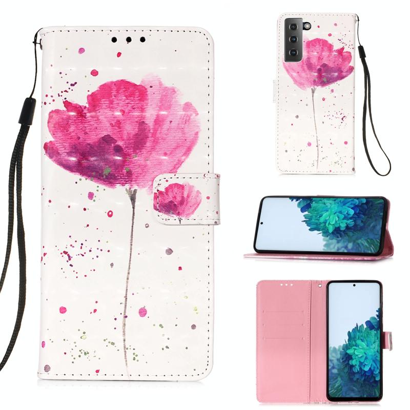 Voor Samsung Galaxy 21+ 5G 3D Painting Horizontale Flip Lederen Case met Holder & Card Slot & Wallet & Lanyard(Pink Flower)