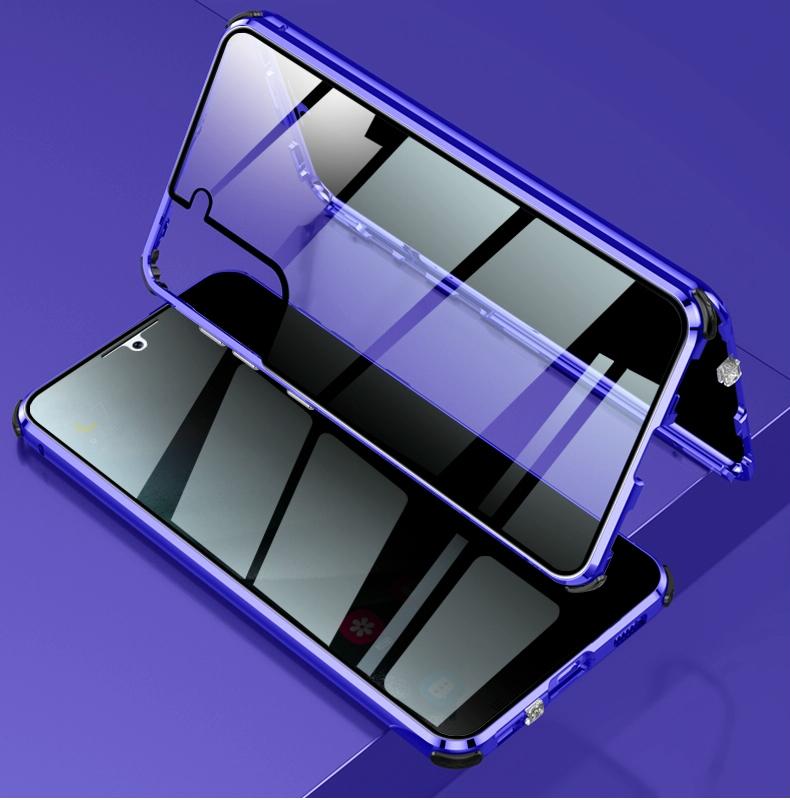 Voor Samsung Galaxy S21 5G Vierhoeks Schokbestendig Anti-glurend Magnetisch Metalen Frame Dubbelzijdig Gehard Glazen Hoesje (Blauw)