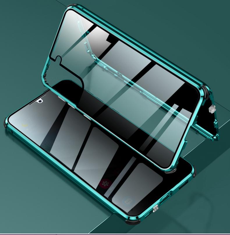 Voor Samsung Galaxy S21 5G Vierhoeks Schokbestendig Anti-glurend Magnetisch Metalen Frame Dubbelzijdig Gehard Glazen Hoesje (Groen)
