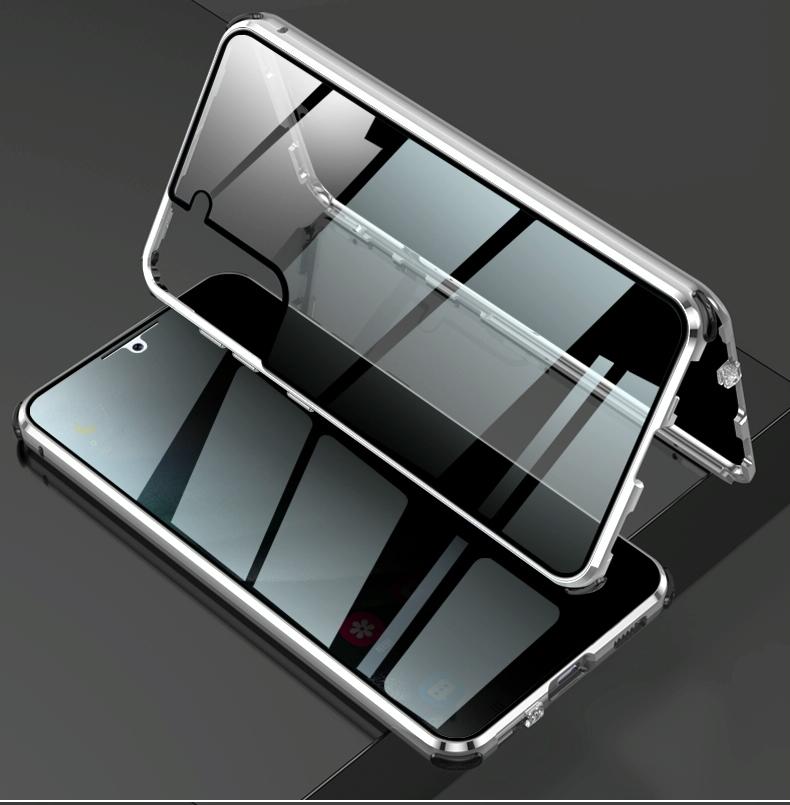 Voor Samsung Galaxy S21 5G Vierhoeks Schokbestendig Anti-glurend Magnetisch Metalen Frame Dubbelzijdig Gehard Glazen Hoesje (Zilver)
