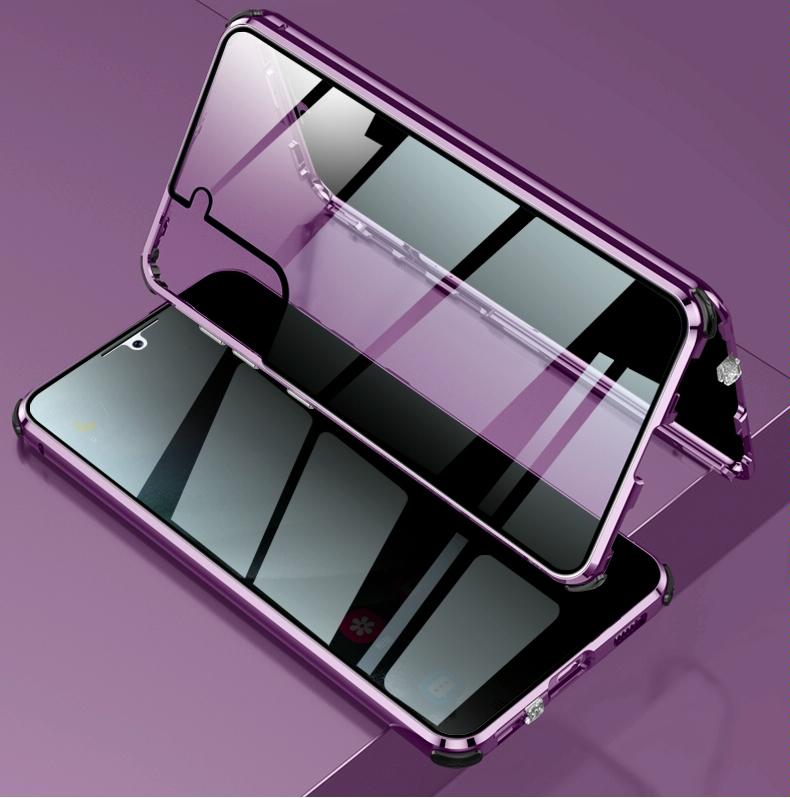 Voor Samsung Galaxy S21 Ultra 5G Vierhoeks Schokbestendig Anti-gluren Magnetisch Metalen Frame Dubbelzijdig Gehard Glazen Hoesje (Roze)