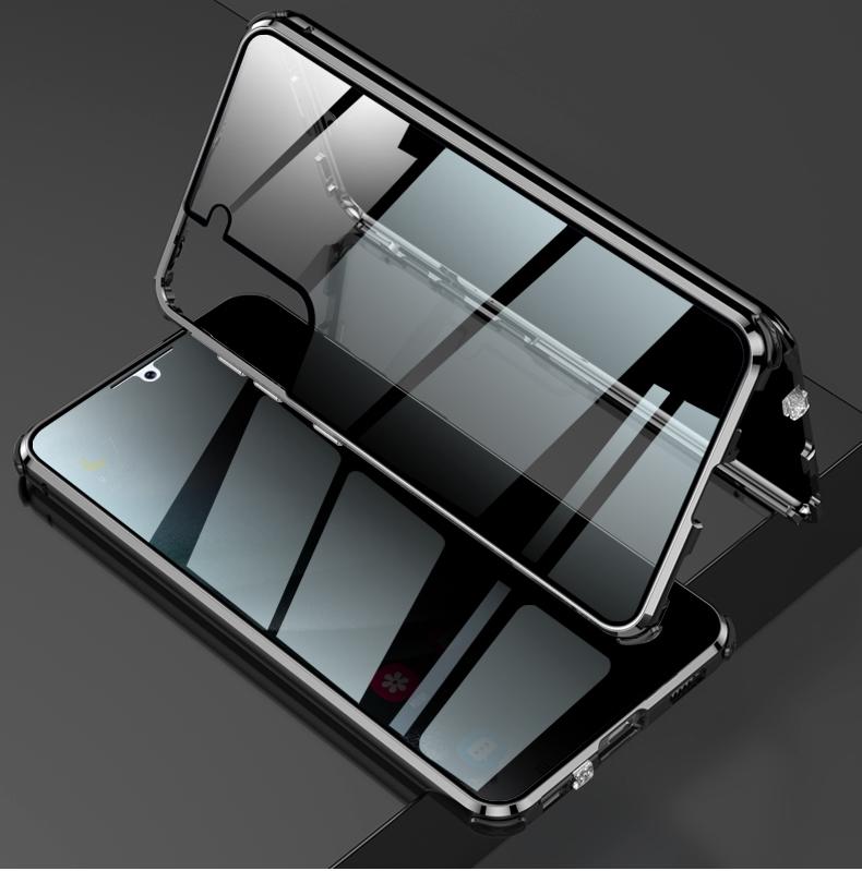 Voor Samsung Galaxy S21 Ultra 5G Vierhoeks Schokbestendig Anti-glurend Magnetisch Metalen Frame Dubbelzijdig Gehard Glazen Hoesje (Zwart)