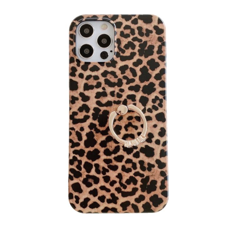 Luipaard textuur met ring metalen strass beugel mobiele telefoon beschermende geval voor iPhone 11 (bruin)