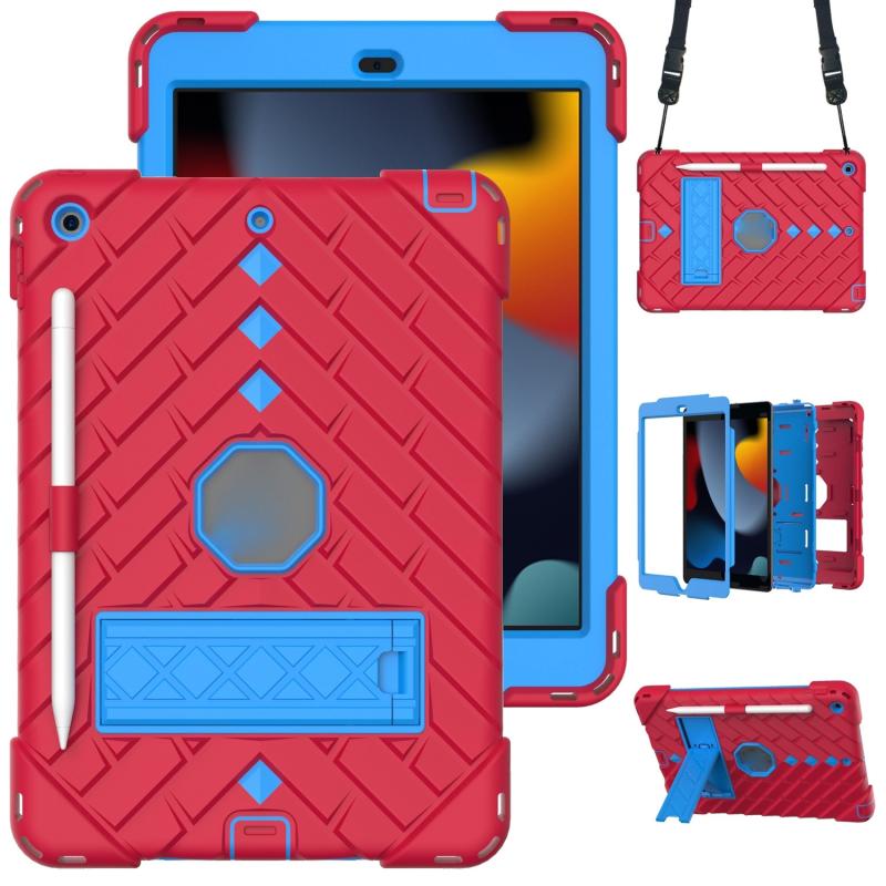 Schokbestendige Rhombus Robot PC + Siliconen beschermhoes met houder en schouderriem voor iPad 10.2 (2020) / (2019)(Rood+Blauw)