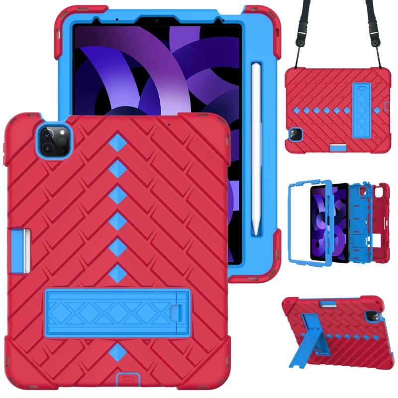 Schokbestendige Rhombus Robot PC + Siliconen beschermhoes met houder en schouderriem voor iPad Air (2020) 10 9 (rood + blauw)