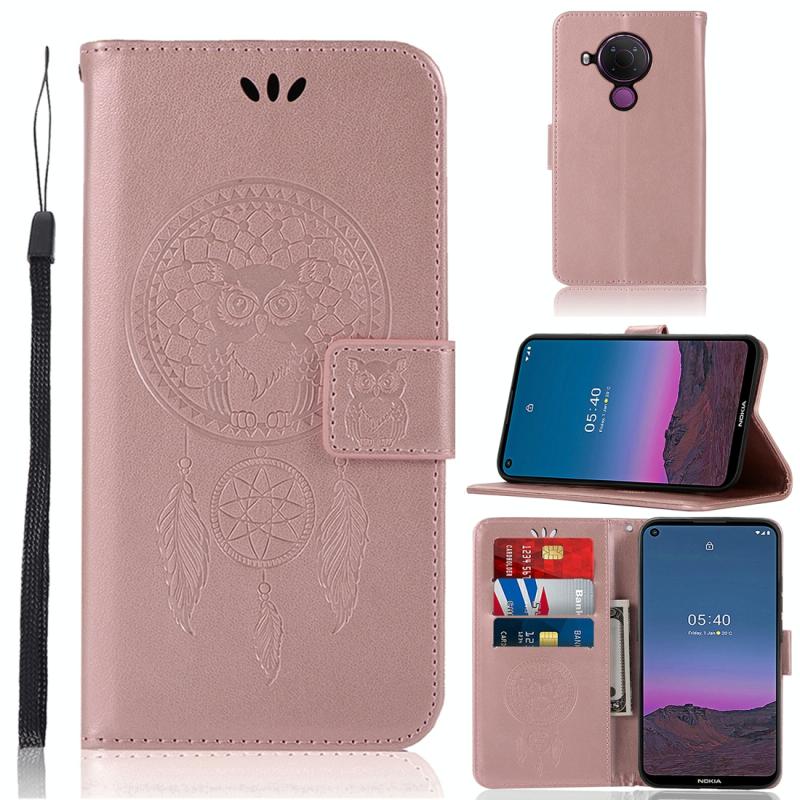 Voor Nokia 5.4 Wind Chime Owl Embossing Patroon Horizontale Flip Lederen Case met Houder & Kaart Slots & Portemonnee (Rose Gold)