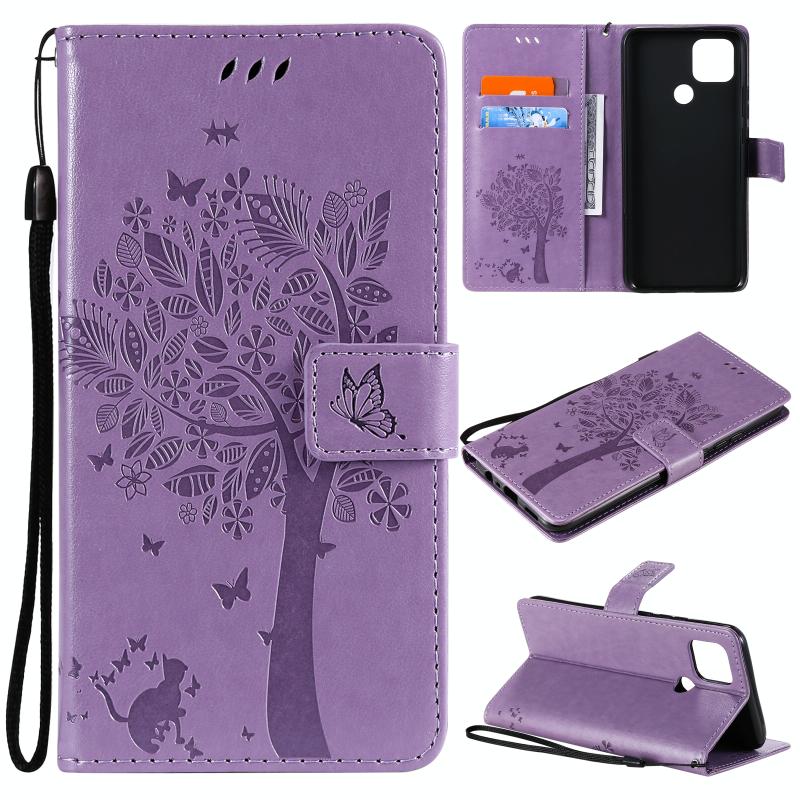 Voor OPPO A15 Tree & Cat Pattern Pressed Printing Horizontal Flip PU Leather Case with Holder & Card Slots > Wallet & Lanyard (Light Purple)