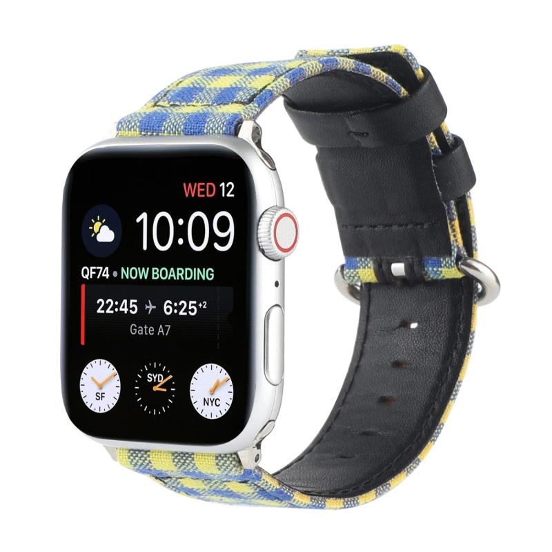 Raster patroon ronde gesp lederen horlogeband voor Apple Watch Series 6 & se & 5 & 4 44mm / 3 & 2 & 1 42mm (geel blauw)