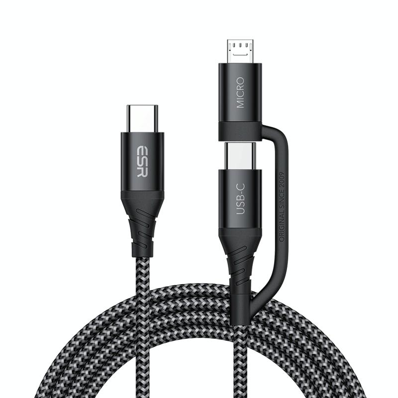 ESR 2A501 2 In 1 Type-C / USB-C naar Type-C / USB-C + Micro USB Weaving Charging Data Cable Lengte: 1m (Zwart)