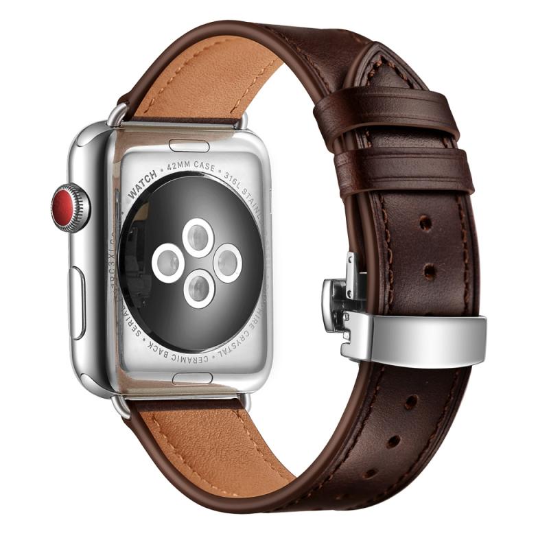 Echt leer + vlinder zilveren gesp vervangende watchbands voor Apple Watch Series 6 & se & 5 & 4 44mm / 3 & 2 & 1 42mm (donkerbruin)