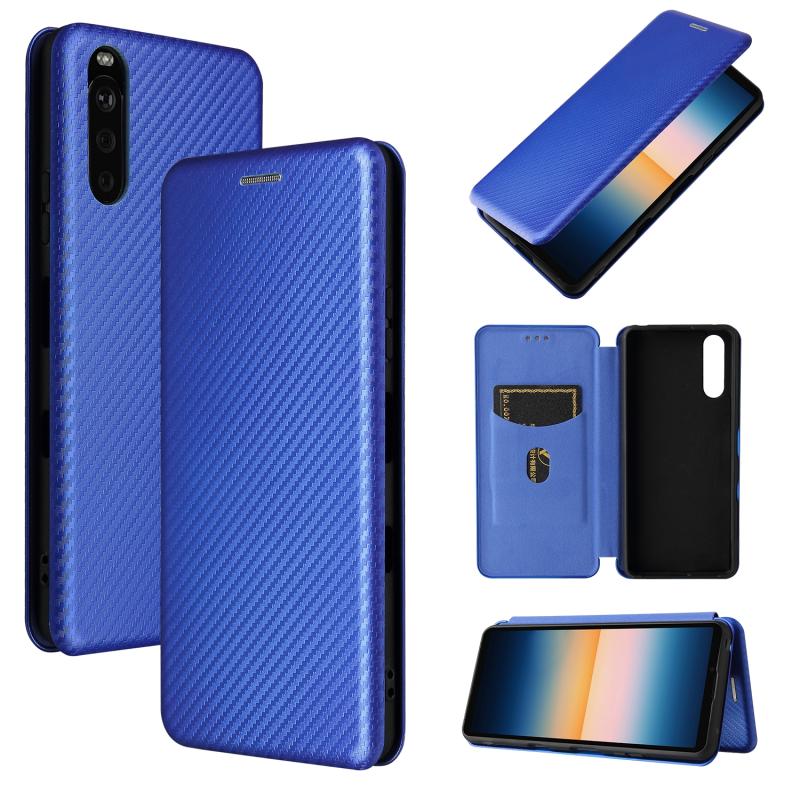 Voor Sony Xperia 10 III carbon fiber textuur magnetische horizontale flip TPU + PC + PU lederen hoesje met kaartsleuf (blauw)