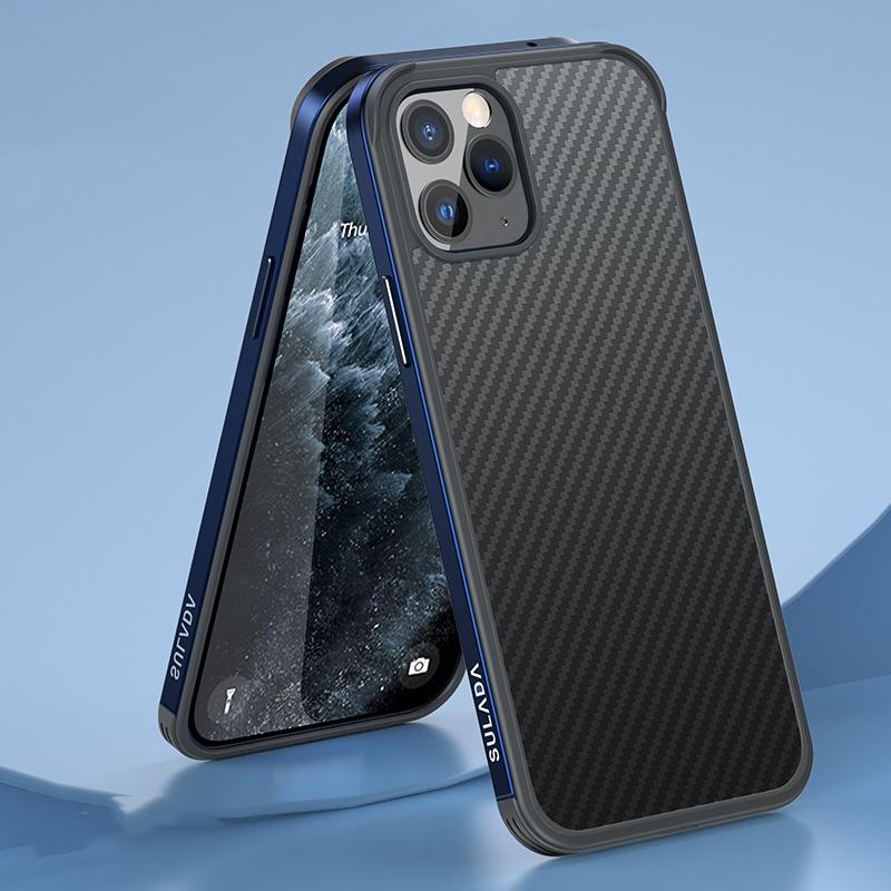 SULADA luxe 3D koolstofvezel getextureerd schokbestendig metaal + TPU frame geval voor iPhone 11 Pro (zeeblauw)