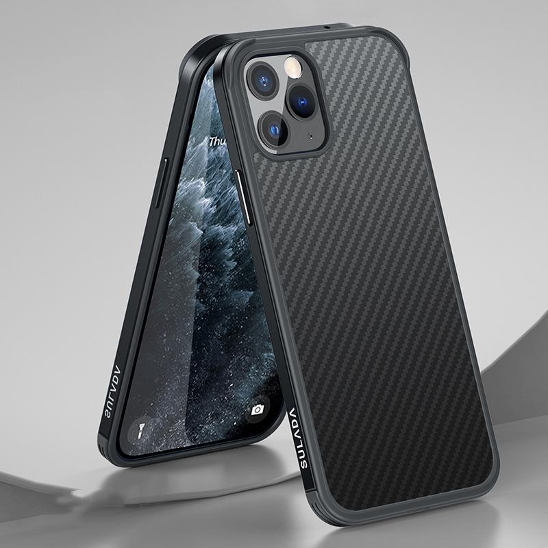 SULADA Luxe 3D Carbon Fiber Getextureerd Schokbestendig Metaal + TPU Frame Case Voor iPhone 11 Pro Max (Zwart)