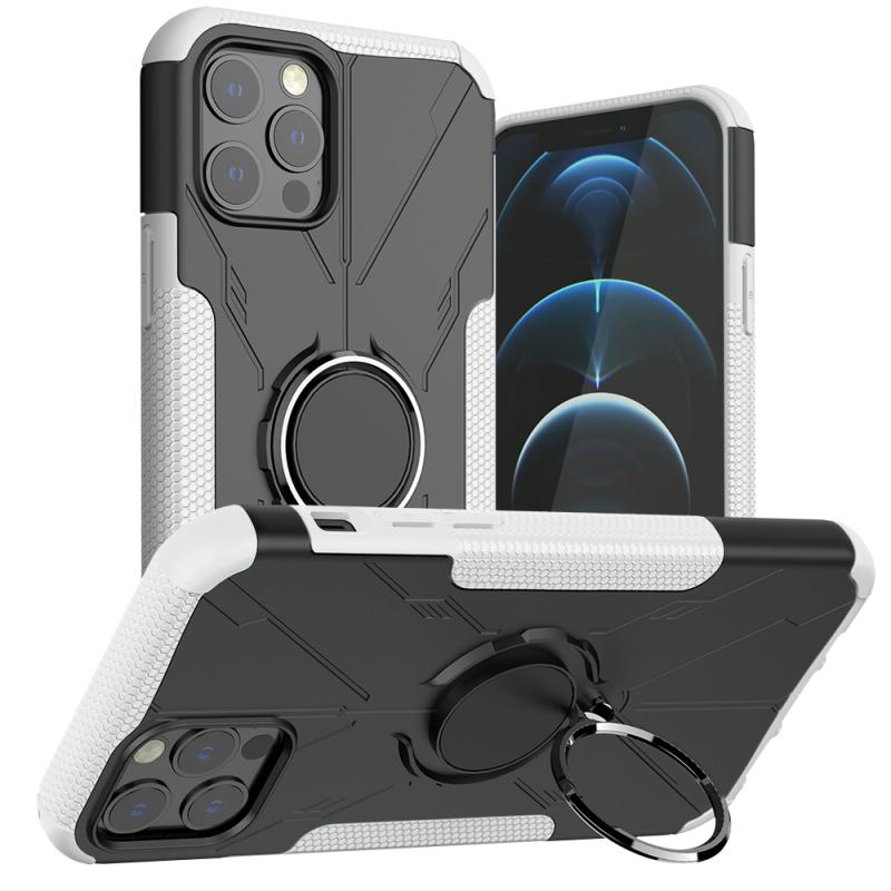Machine Armor Bear Shockproof PC + TPU beschermhoes met ring houder voor iPhone 12 / 12 Pro (wit)
