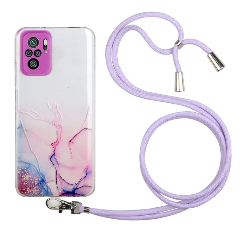 Voor Xiaomi Redmi Note 10 4G Hollow Marble Pattern TPU Schokbestendige beschermhoes met nekriem touw (roze)