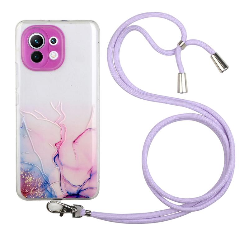 Voor Xiaomi Mi 11 Hollow Marble Pattern TPU Schokbestendige beschermhoes met nekriem touw (roze)