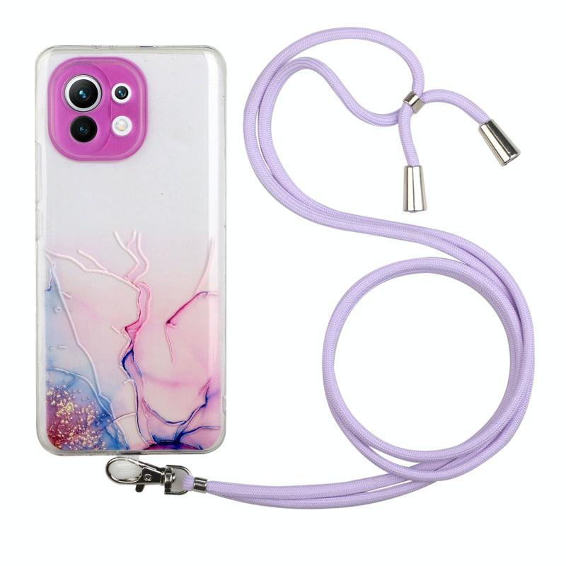 Voor Xiaomi Mi 11 Lite Hollow Marble Pattern TPU Schokbestendige beschermhoes met nekriem touw (roze)
