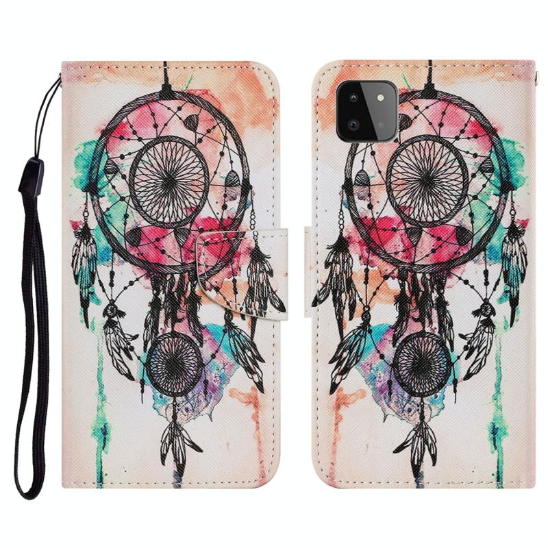 Voor Samsung Galaxy A22 5G gekleurde tekening patroon horizontale flip PU lederen geval met houder kaart slots & portemonnee &lanyard (wind chimes)