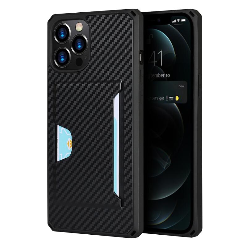 Carbon Fiber Armor Schokbestendige TPU + PC Hard Case met Kaart Slot Houder Funtion Voor iPhone 12 / 12 Pro (Zwart)