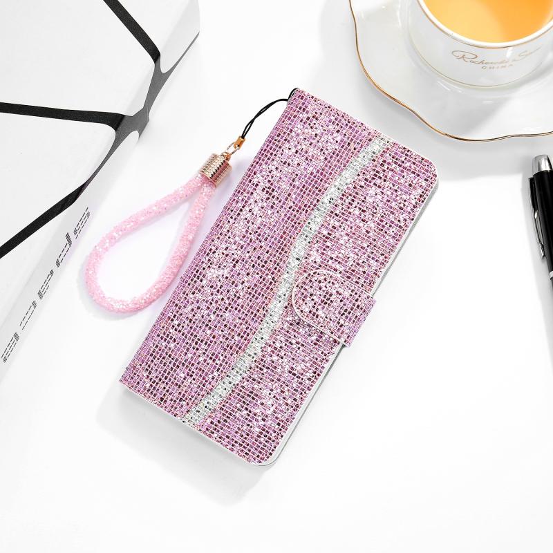 Voor Samsung Galaxy A22 4G Glitter Poeder Horizontale Flip Lederen Case met Kaart Slots & Houder & Lanyard (Pink)